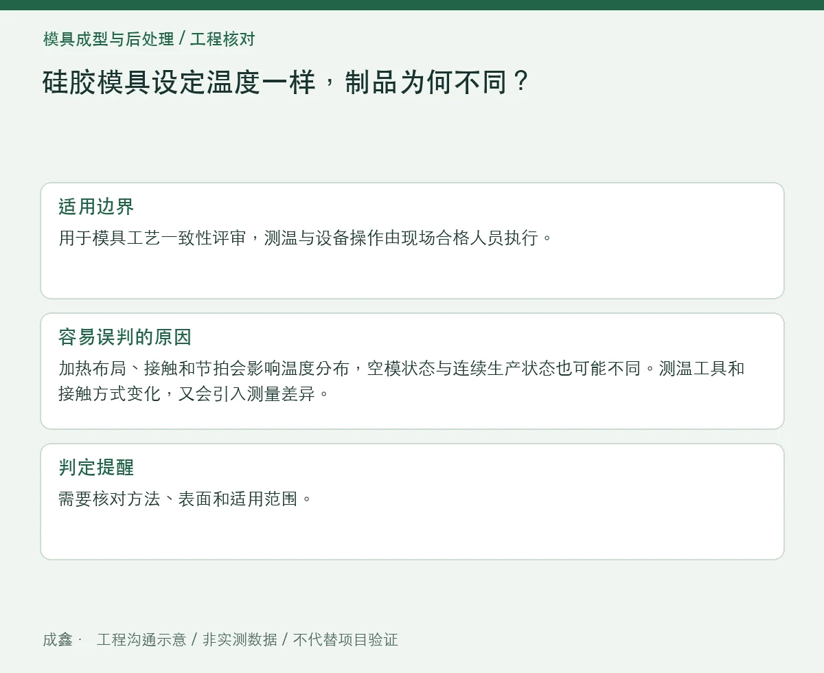 硅胶模具设定温度一样,制品为何不同?模面温差与位置记录 适用边界与判定提醒图
