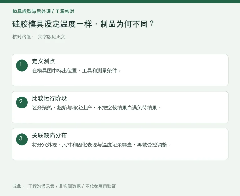 硅胶模具设定温度一样，制品为何不同？模面温差与位置记录：原创工程核对路径示意