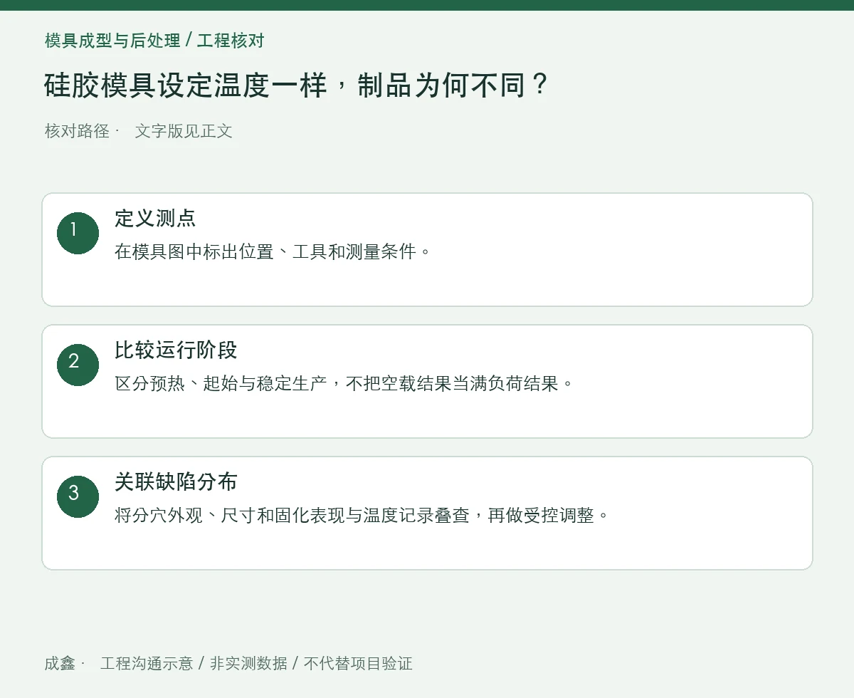 硅胶模具设定温度一样,制品为何不同?模面温差与位置记录 三步核对图