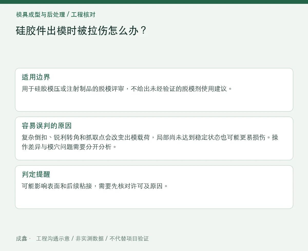 硅胶件出模时被拉伤怎么办?脱模路径与薄弱区检查 适用边界与判定提醒图