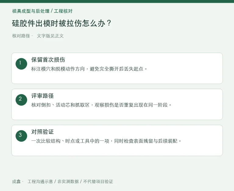 硅胶件出模时被拉伤怎么办？脱模路径与薄弱区检查：原创工程核对路径示意
