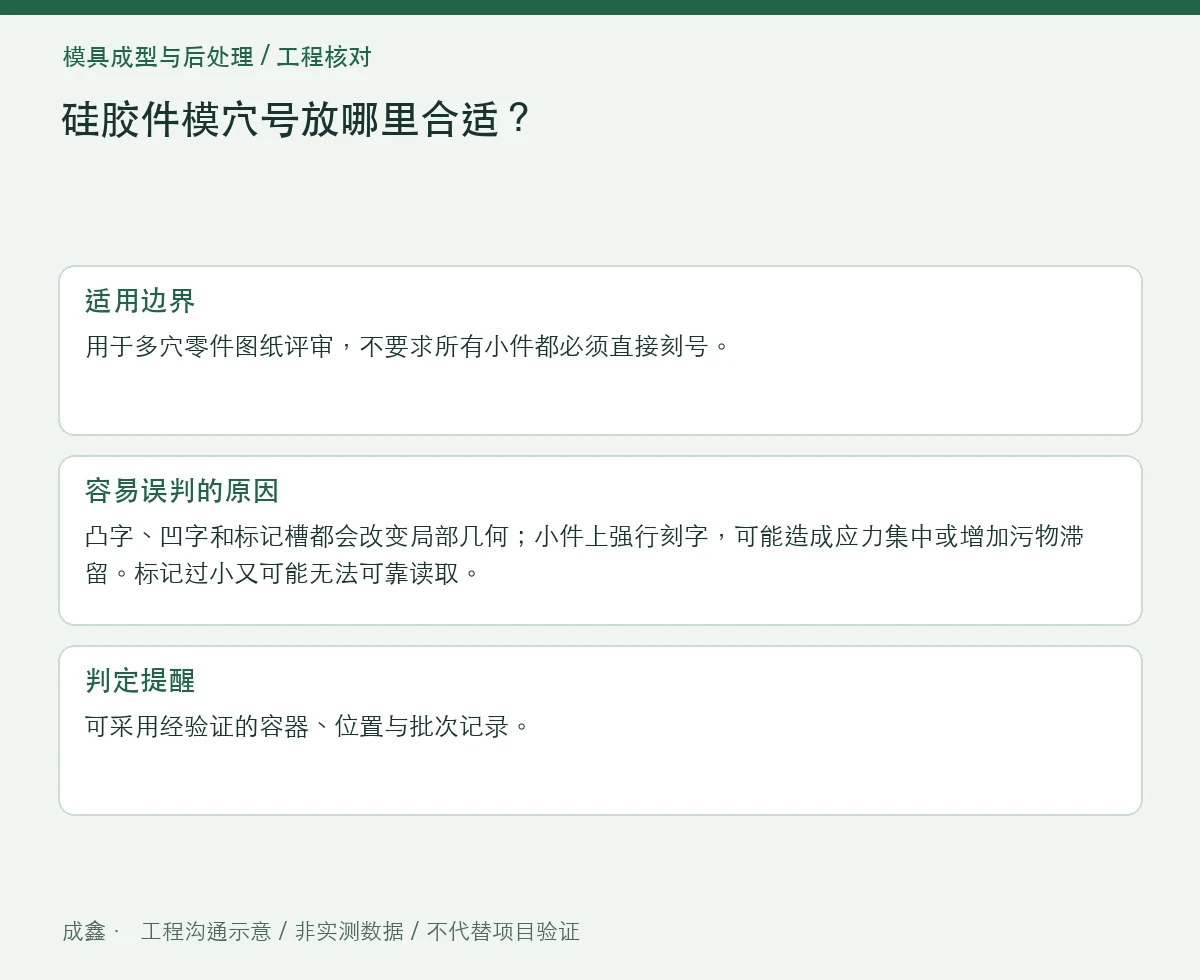 硅胶件模穴号放哪里合适?追溯标记与功能表面冲突 适用边界与判定提醒图