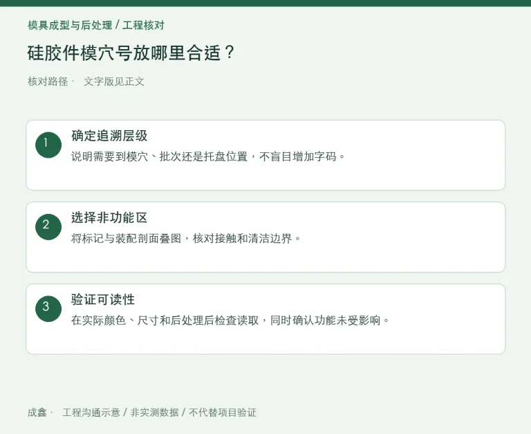 硅胶件模穴号放哪里合适？追溯标记与功能表面冲突：原创工程核对路径示意
