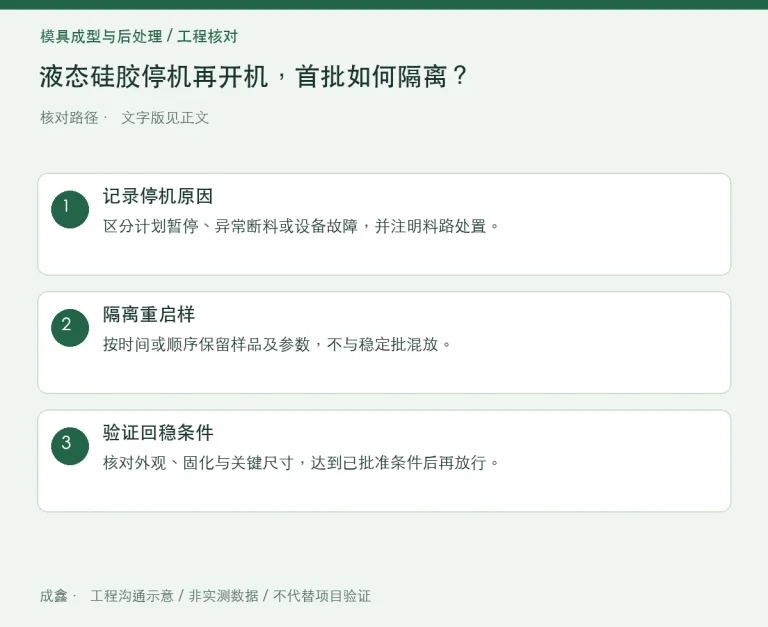 液态硅胶停机再开机，首批如何隔离？稳定段与异常料管理：原创工程核对路径示意