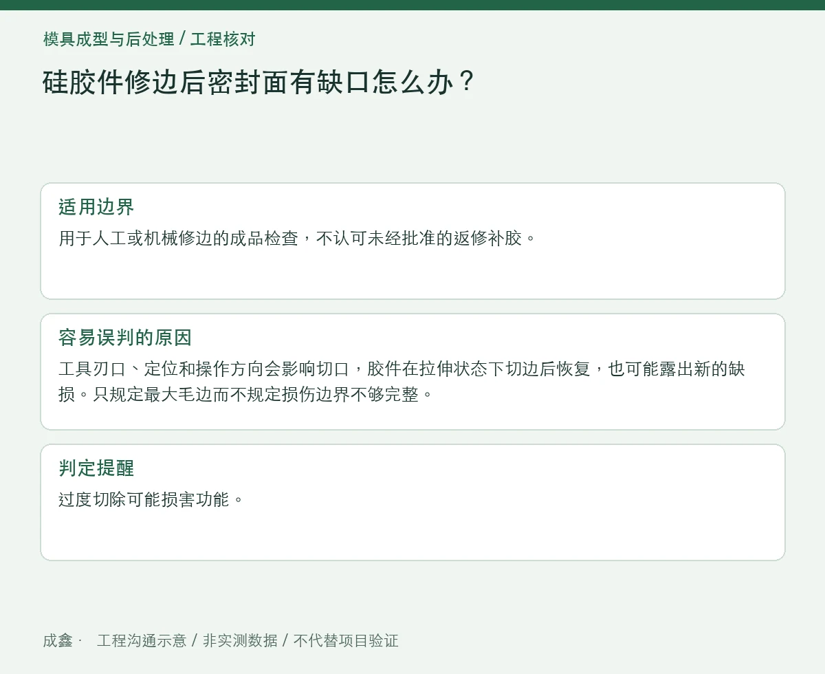 硅胶件修边后密封面有缺口怎么办？残边与凹切分开验收 适用边界与判定提醒图