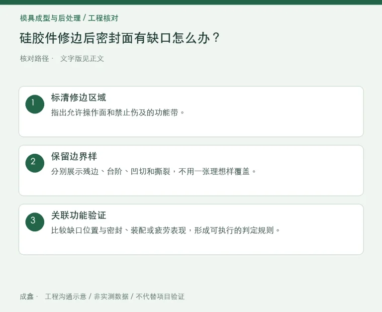 硅胶件修边后密封面有缺口怎么办？残边与凹切分开验收：原创工程核对路径示意