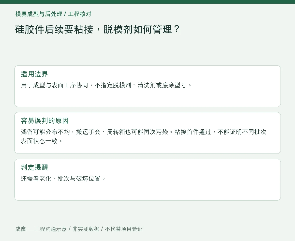 硅胶件后续要粘接,脱模剂如何管理?表面残留与工序隔离 适用边界与判定提醒图