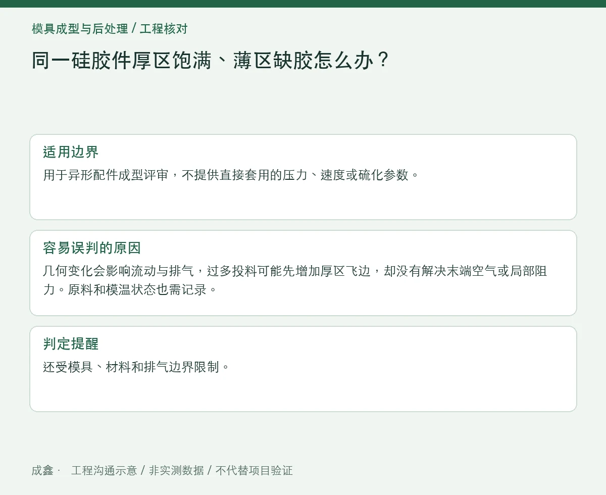 同一硅胶件厚区饱满、薄区缺胶怎么办?流动路径与截面过渡 适用边界与判定提醒图