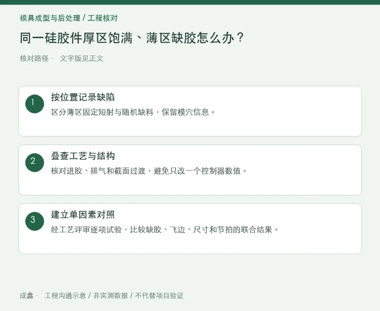 同一硅胶件厚区饱满、薄区缺胶怎么办？流动路径与截面过渡：原创工程核对路径示意