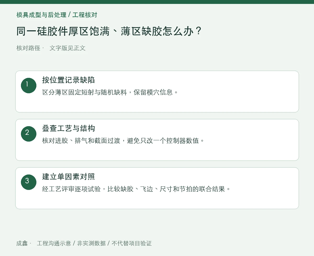 同一硅胶件厚区饱满、薄区缺胶怎么办?流动路径与截面过渡 三步核对图