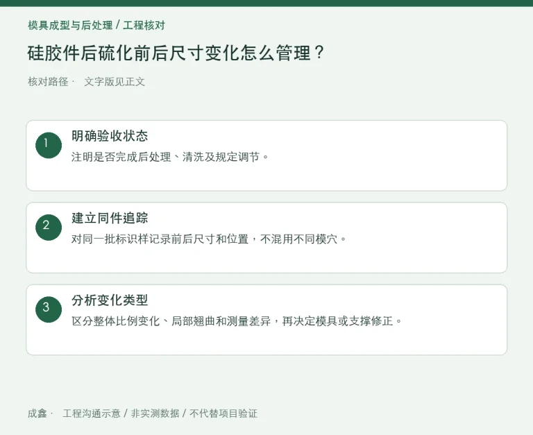 硅胶件后硫化前后尺寸变化怎么管理？工序状态与公差归属：原创工程核对路径示意