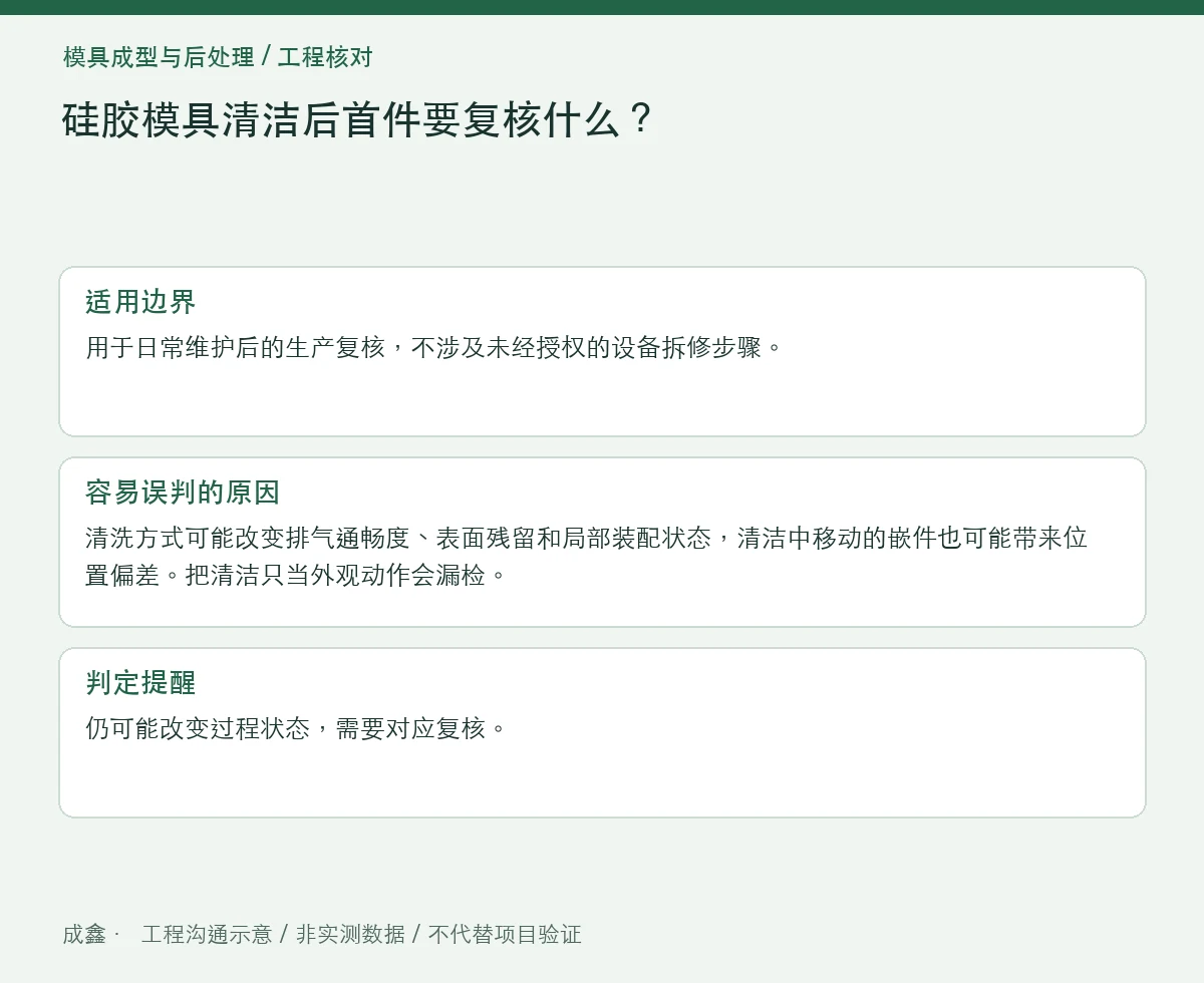 硅胶模具清洁后首件要复核什么?残留、定位与表面状态 适用边界与判定提醒图