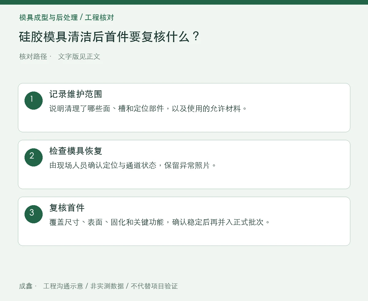 硅胶模具清洁后首件要复核什么?残留、定位与表面状态 三步核对图