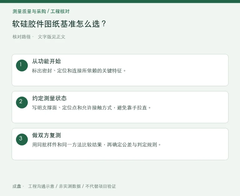软硅胶件图纸基准怎么选？自由态、约束态与装配态区分：原创工程核对路径示意