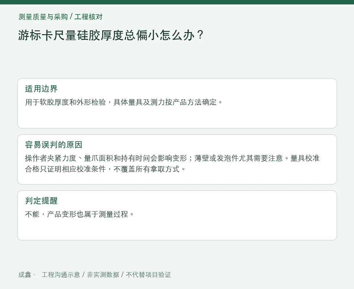 游标卡尺量硅胶厚度总偏小怎么办？测力与接触面积控制 适用边界与判定提醒图