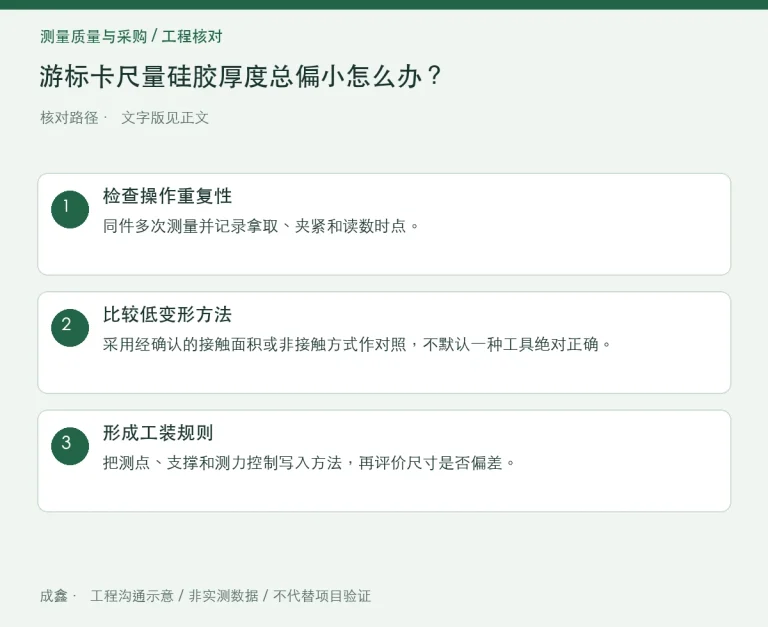游标卡尺量硅胶厚度总偏小怎么办？测力与接触面积控制：原创工程核对路径示意