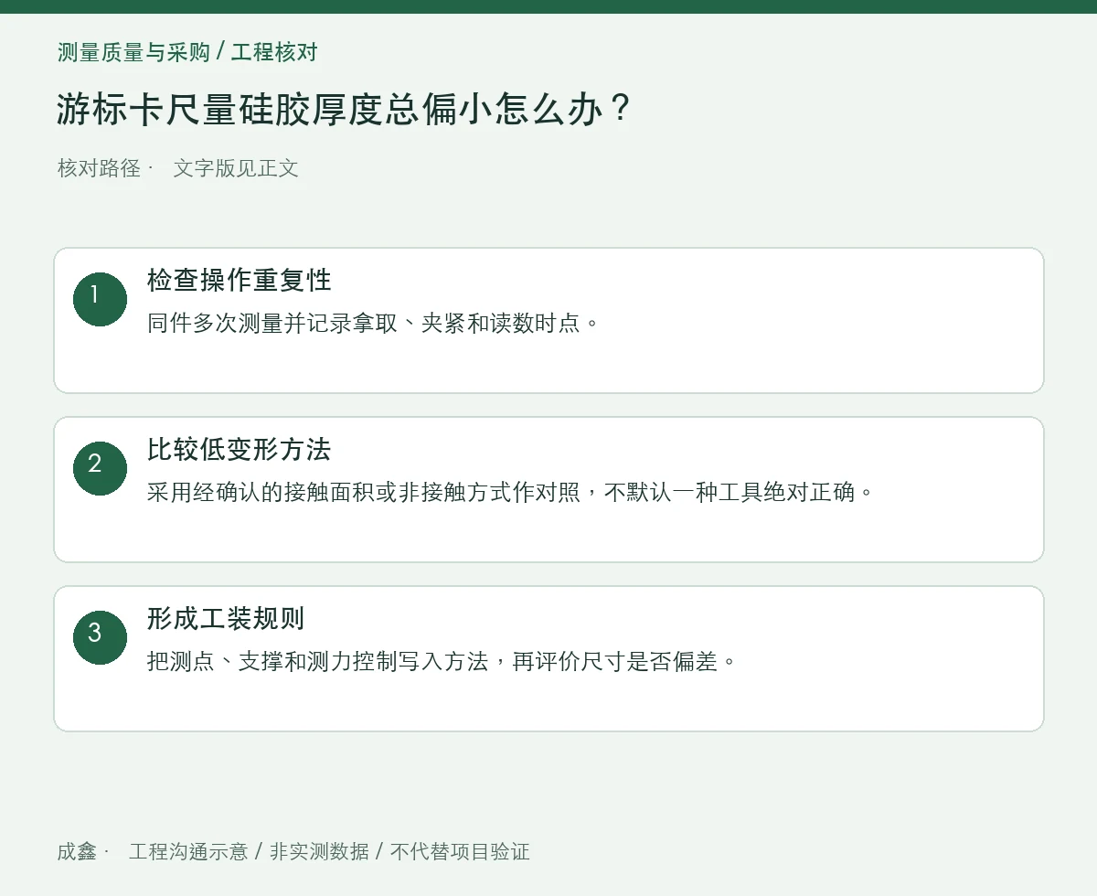 游标卡尺量硅胶厚度总偏小怎么办？测力与接触面积控制 三步核对图