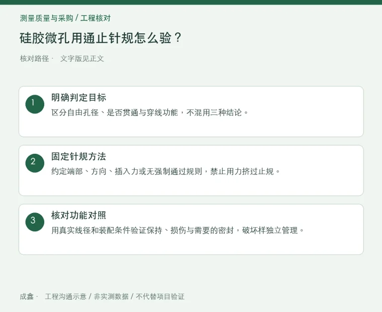 硅胶微孔用通止针规怎么验？插入力、变形与实际穿线功能：原创工程核对路径示意