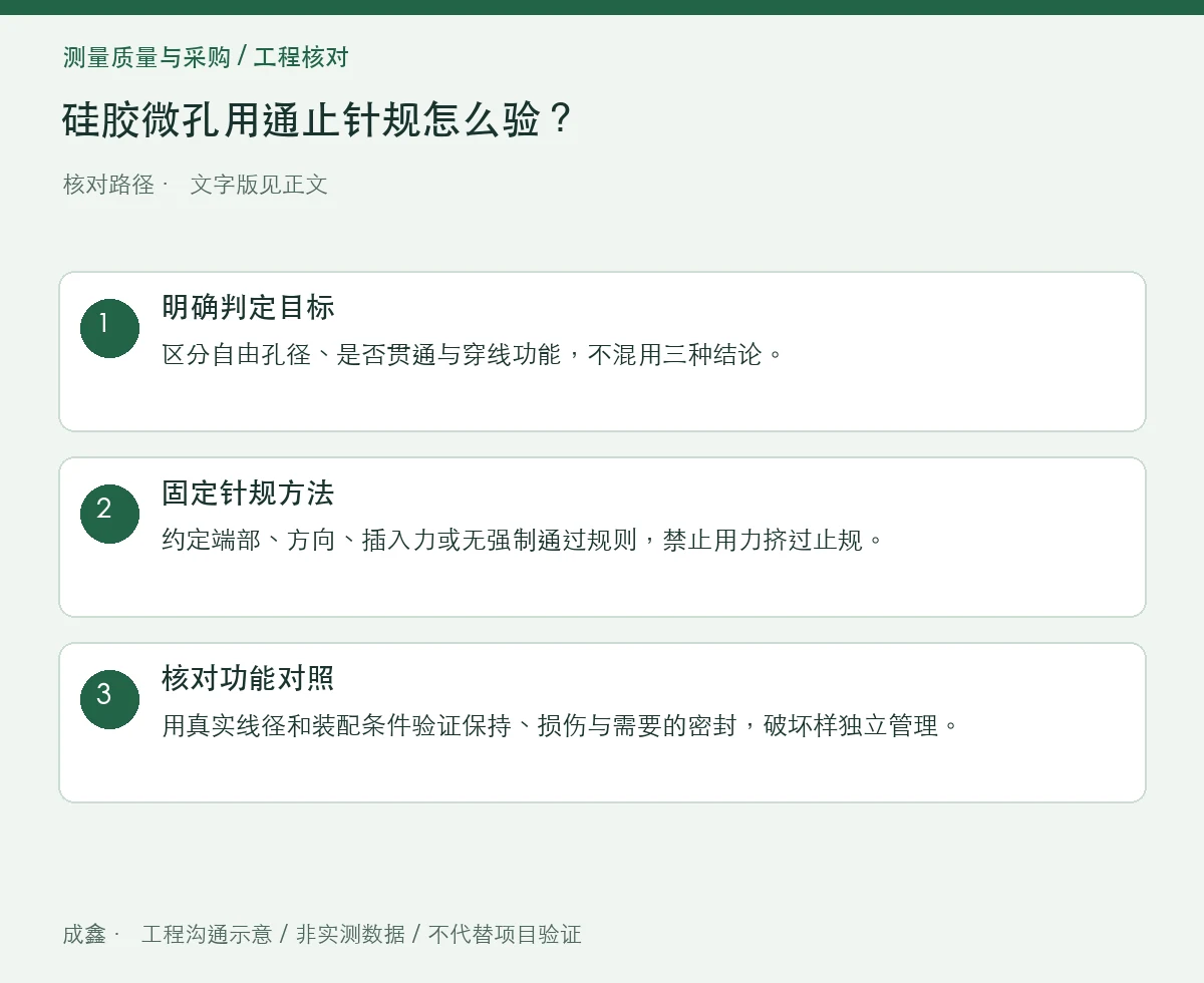 硅胶微孔用通止针规怎么验?插入力、变形与实际穿线功能 三步核对图