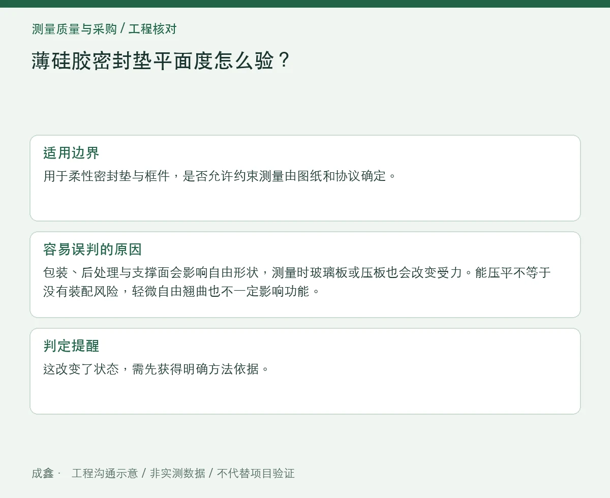 薄硅胶密封垫平面度怎么验?自由翘曲与装配贴合分开看 适用边界与判定提醒图