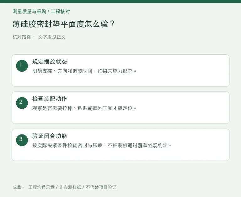 薄硅胶密封垫平面度怎么验？自由翘曲与装配贴合分开看：原创工程核对路径示意