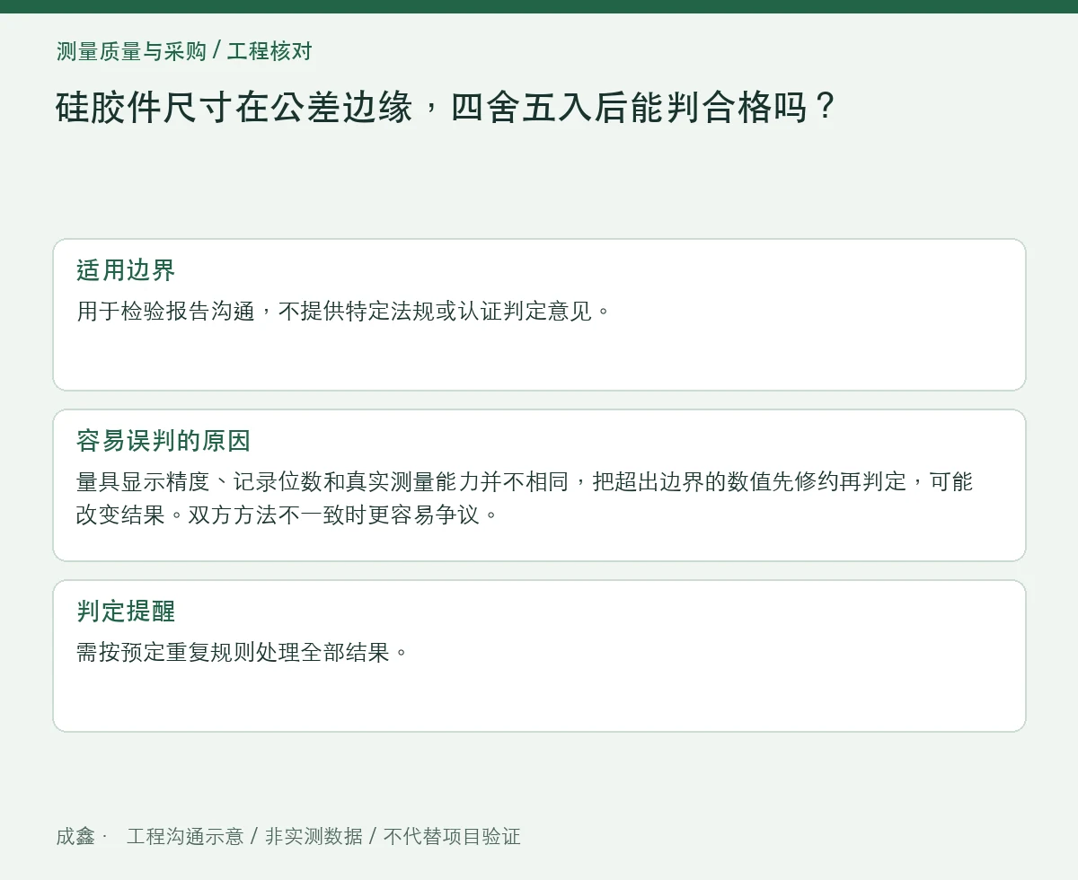硅胶件尺寸在公差边缘,四舍五入后能判合格吗?原始值与规则 适用边界与判定提醒图