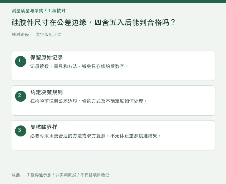 硅胶件尺寸在公差边缘，四舍五入后能判合格吗？原始值与规则：原创工程核对路径示意