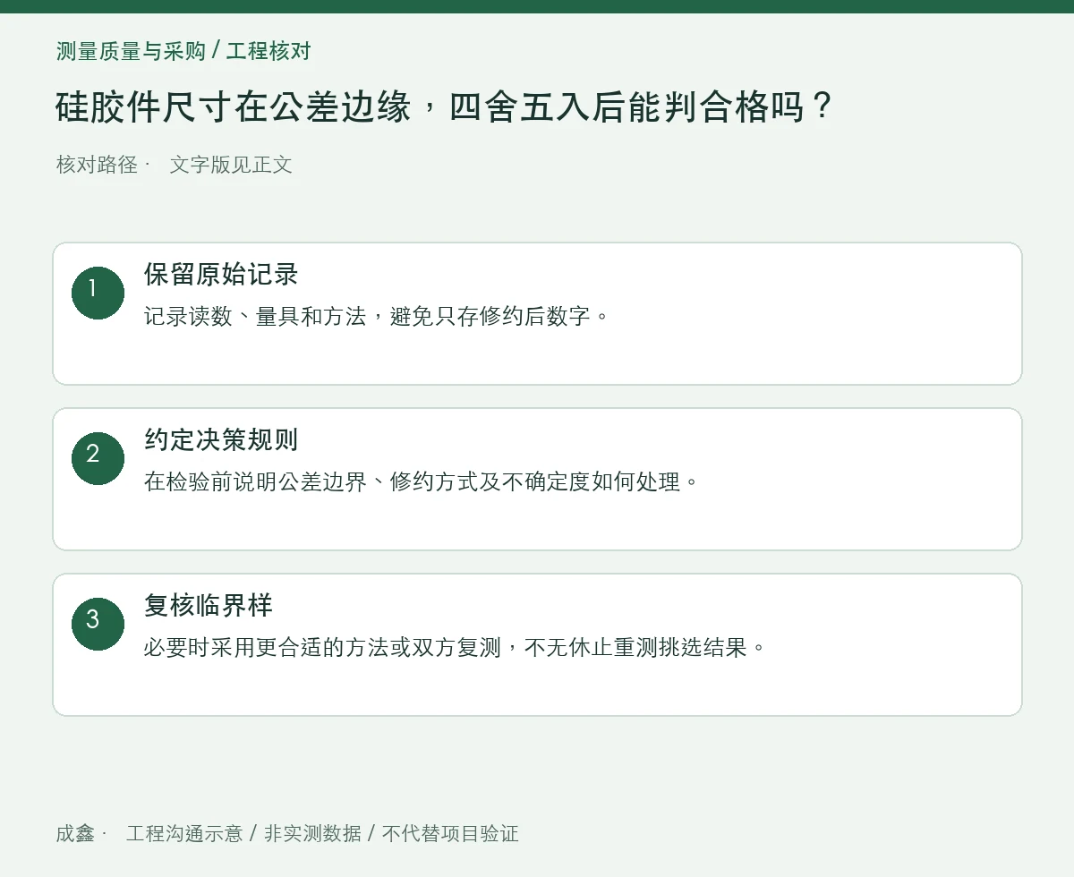 硅胶件尺寸在公差边缘,四舍五入后能判合格吗?原始值与规则 三步核对图