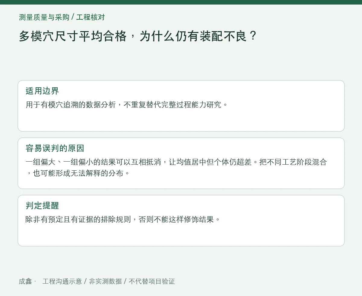 多模穴尺寸平均合格,为什么仍有装配不良?分组再看数据 适用边界与判定提醒图