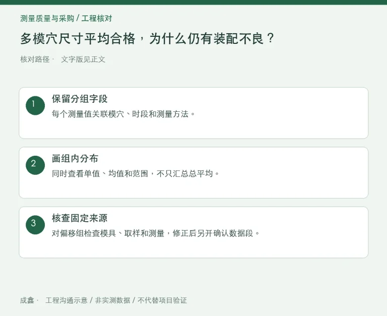 多模穴尺寸平均合格，为什么仍有装配不良？分组再看数据：原创工程核对路径示意
