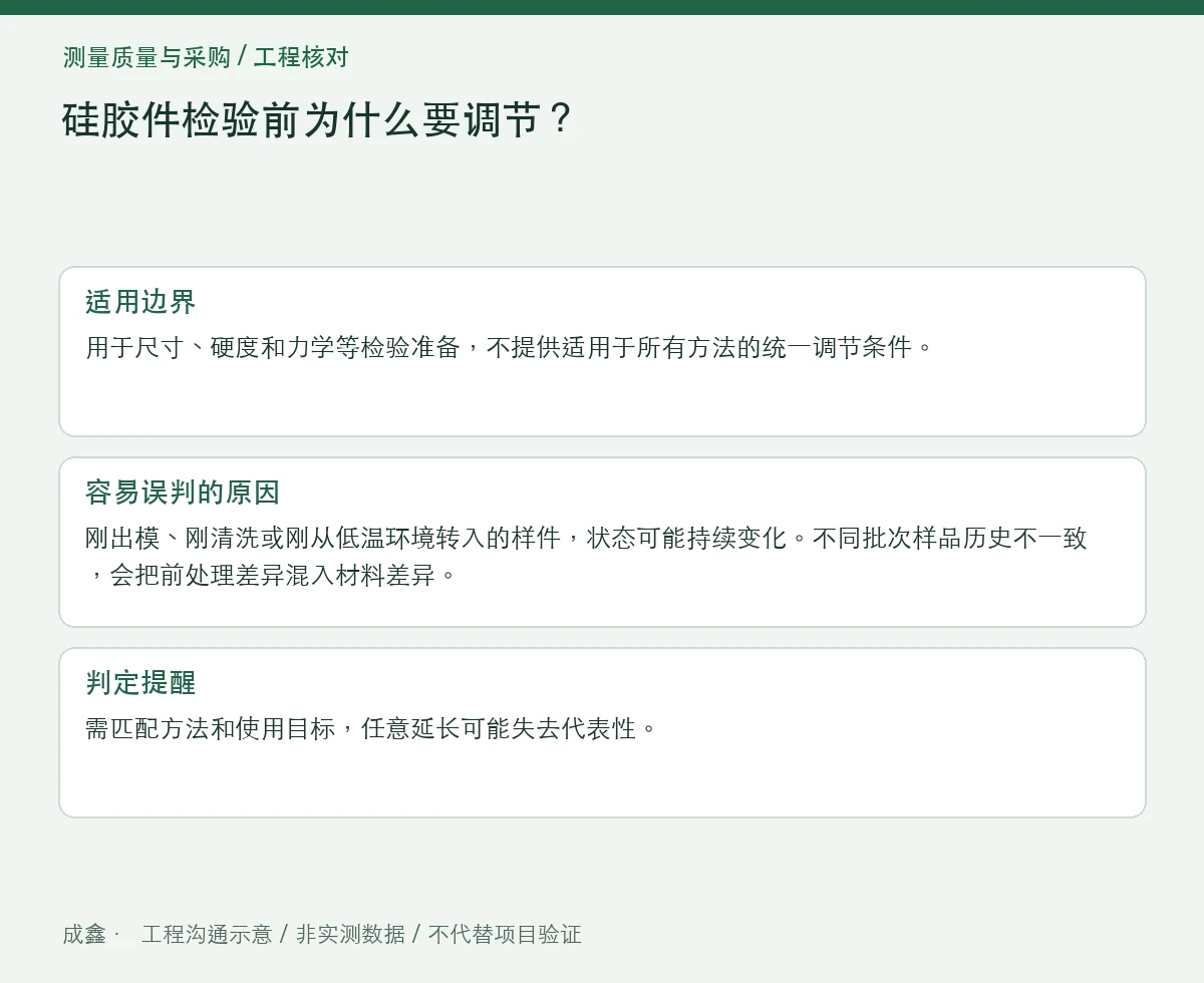 硅胶件检验前为什么要调节？温度、时间与样品历史记录 适用边界与判定提醒图