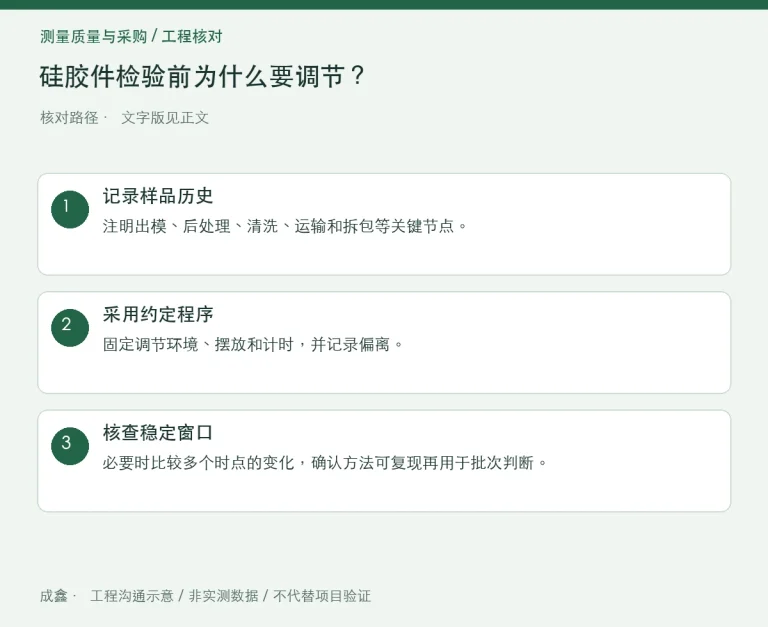 硅胶件检验前为什么要调节？温度、时间与样品历史记录：原创工程核对路径示意