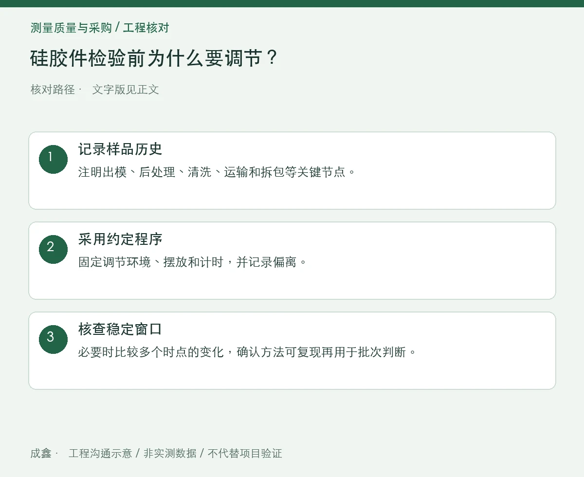 硅胶件检验前为什么要调节？温度、时间与样品历史记录 三步核对图