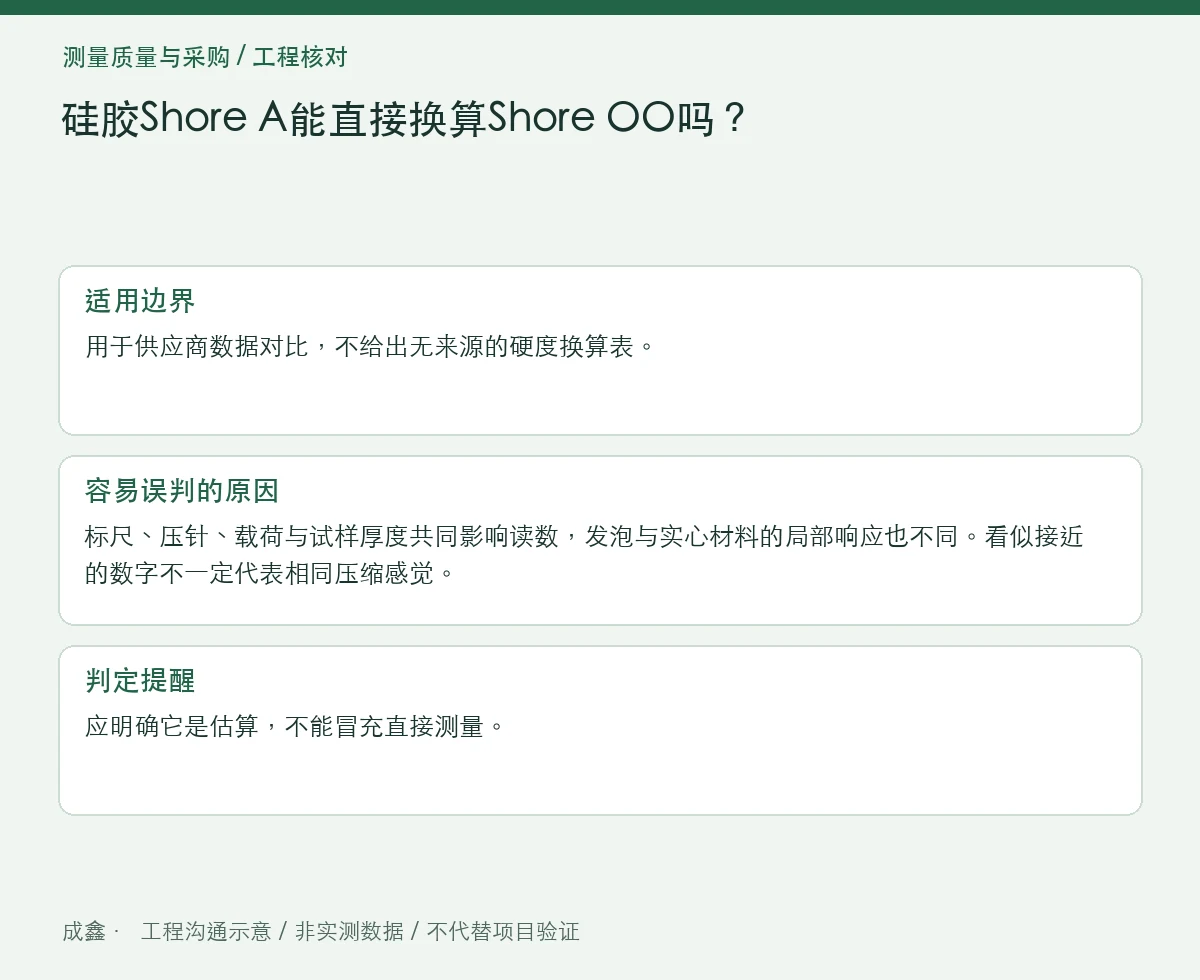硅胶Shore A能直接换算Shore OO吗?硬度标尺与试样条件 适用边界与判定提醒图