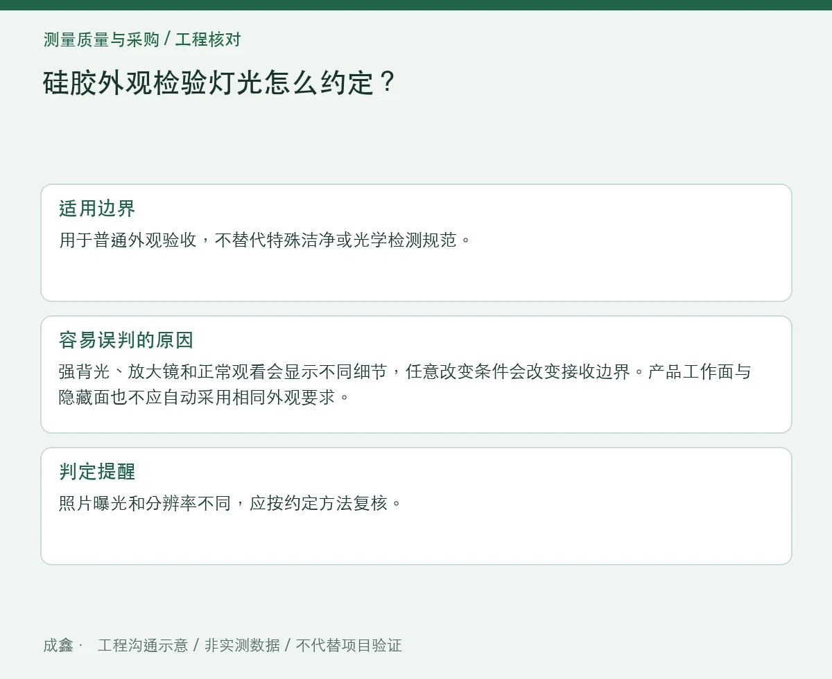 硅胶外观检验灯光怎么约定？距离、背景与缺陷位置 适用边界与判定提醒图