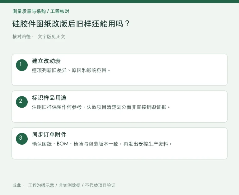 硅胶件图纸改版后旧样还能用吗？版本、样品与订单三方对应：原创工程核对路径示意