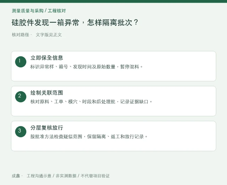 硅胶件发现一箱异常，怎样隔离批次？时间、模穴与周转边界：原创工程核对路径示意