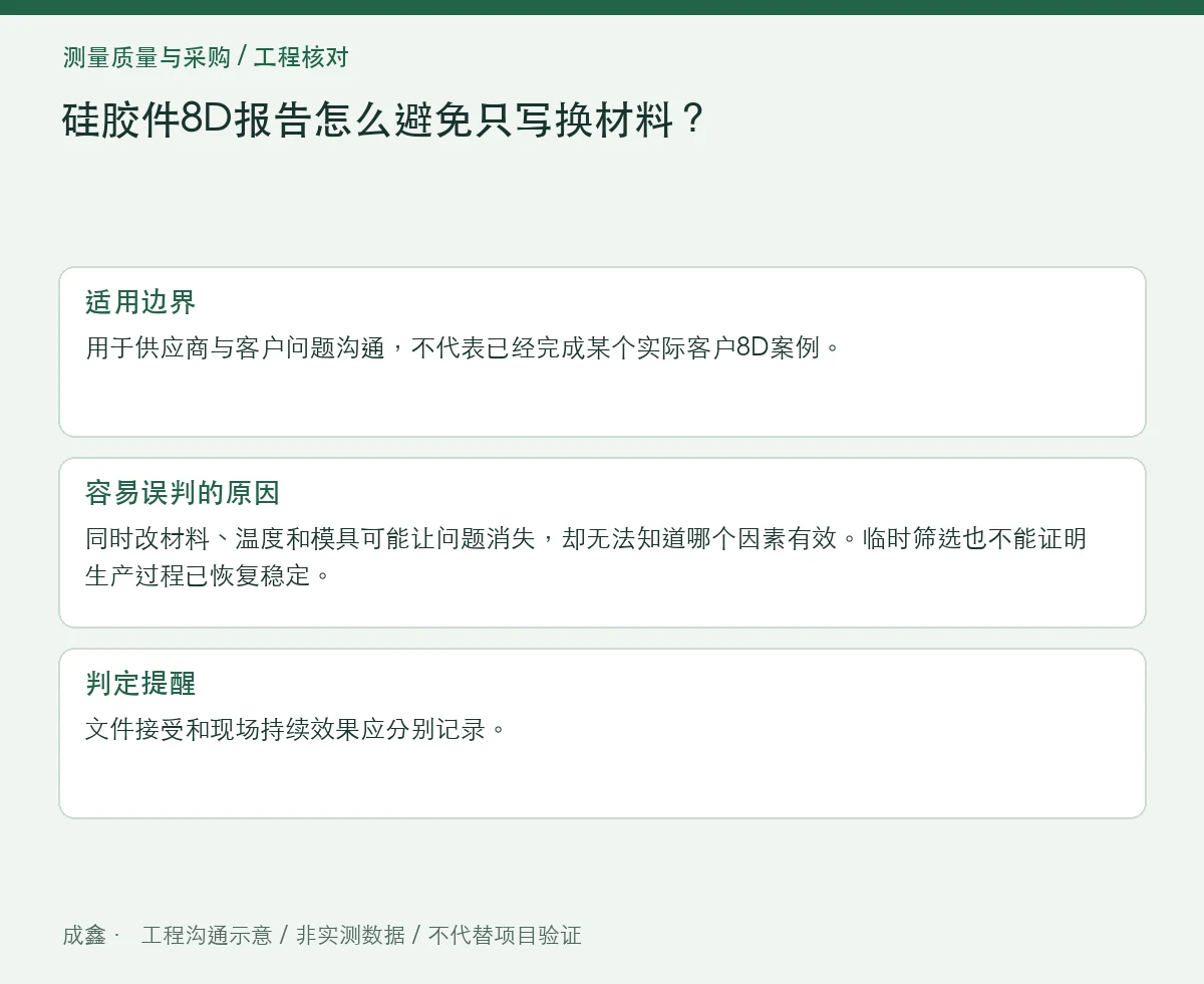 硅胶件8D报告怎么避免只写换材料?临时措施与根因验证 适用边界与判定提醒图