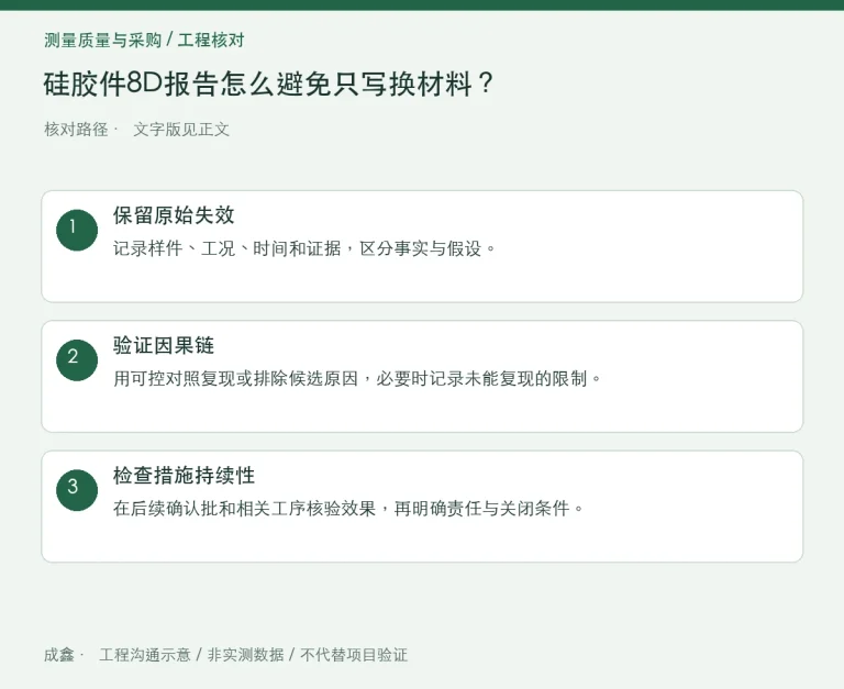硅胶件8D报告怎么避免只写换材料？临时措施与根因验证：原创工程核对路径示意