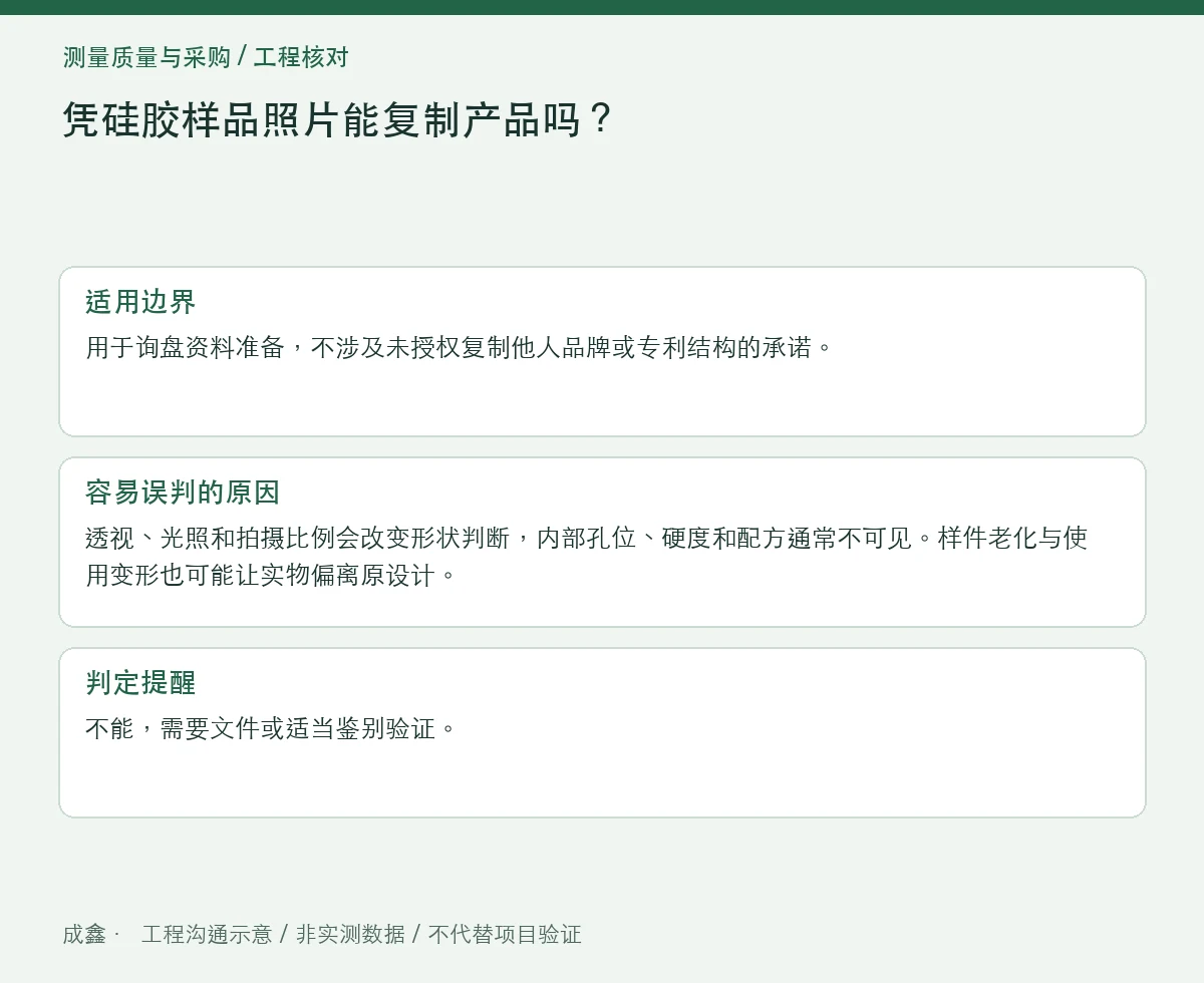 凭硅胶样品照片能复制产品吗？尺寸、材料与装配信息缺口 适用边界与判定提醒图