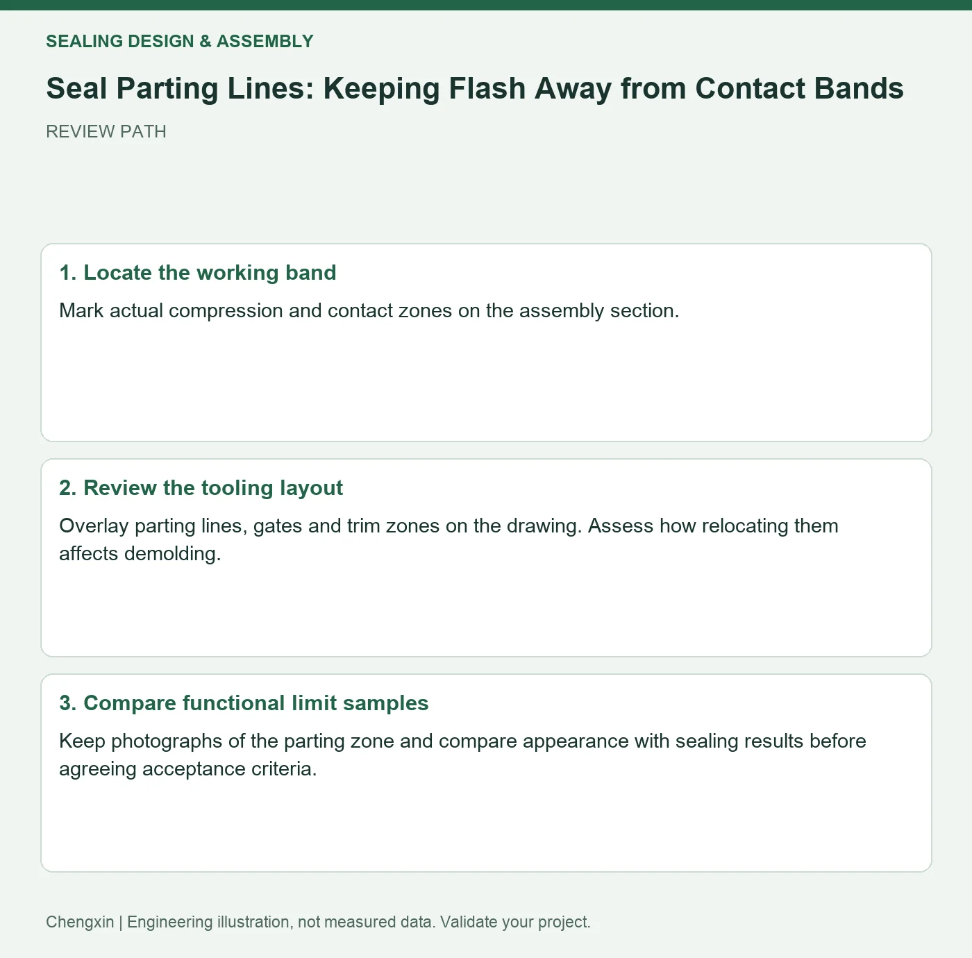 Seal Parting Lines: Keeping Flash Away from Contact Bands — three-step review diagram