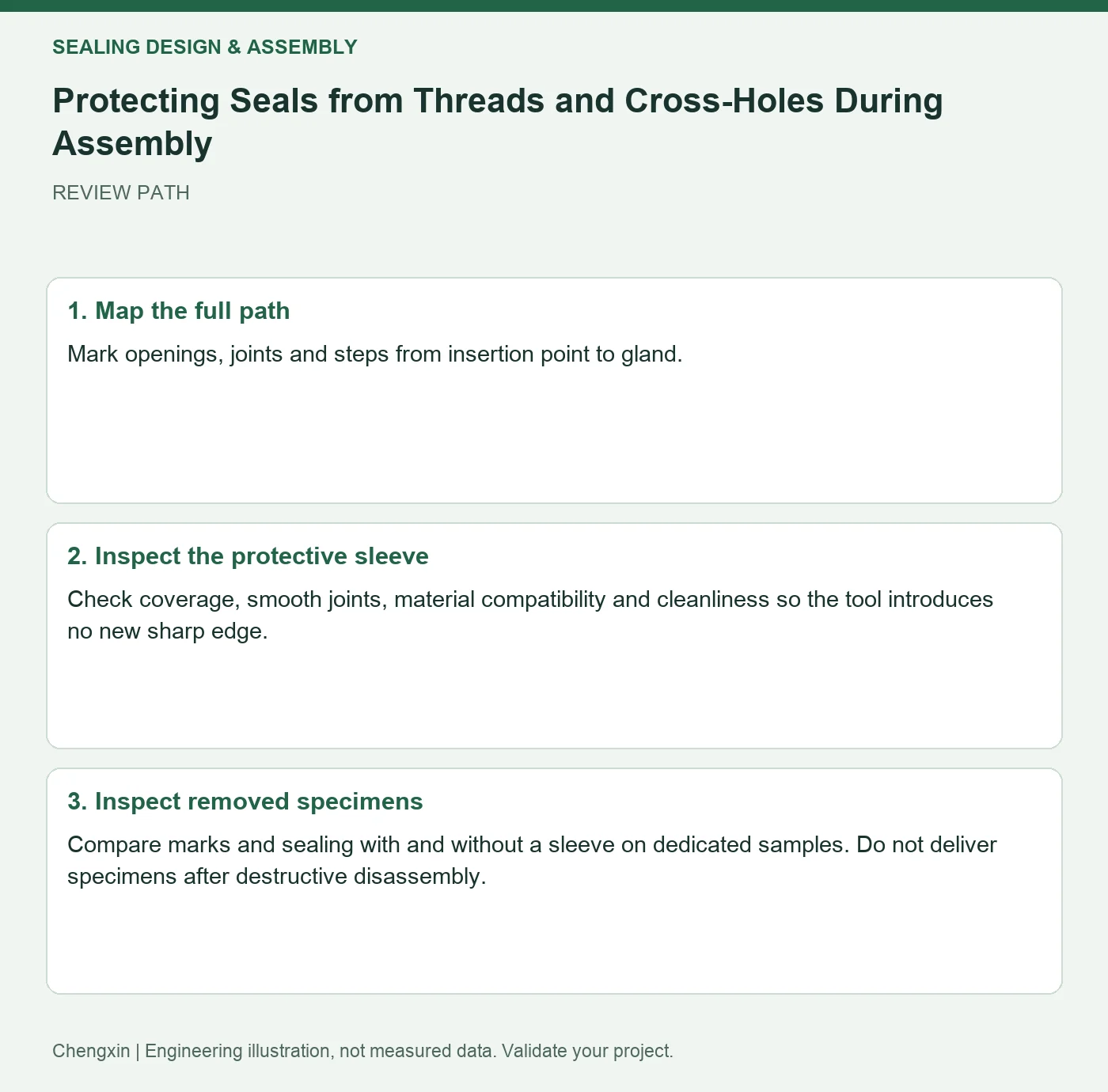 Protecting Seals from Threads and Cross-Holes During Assembly — three-step review diagram