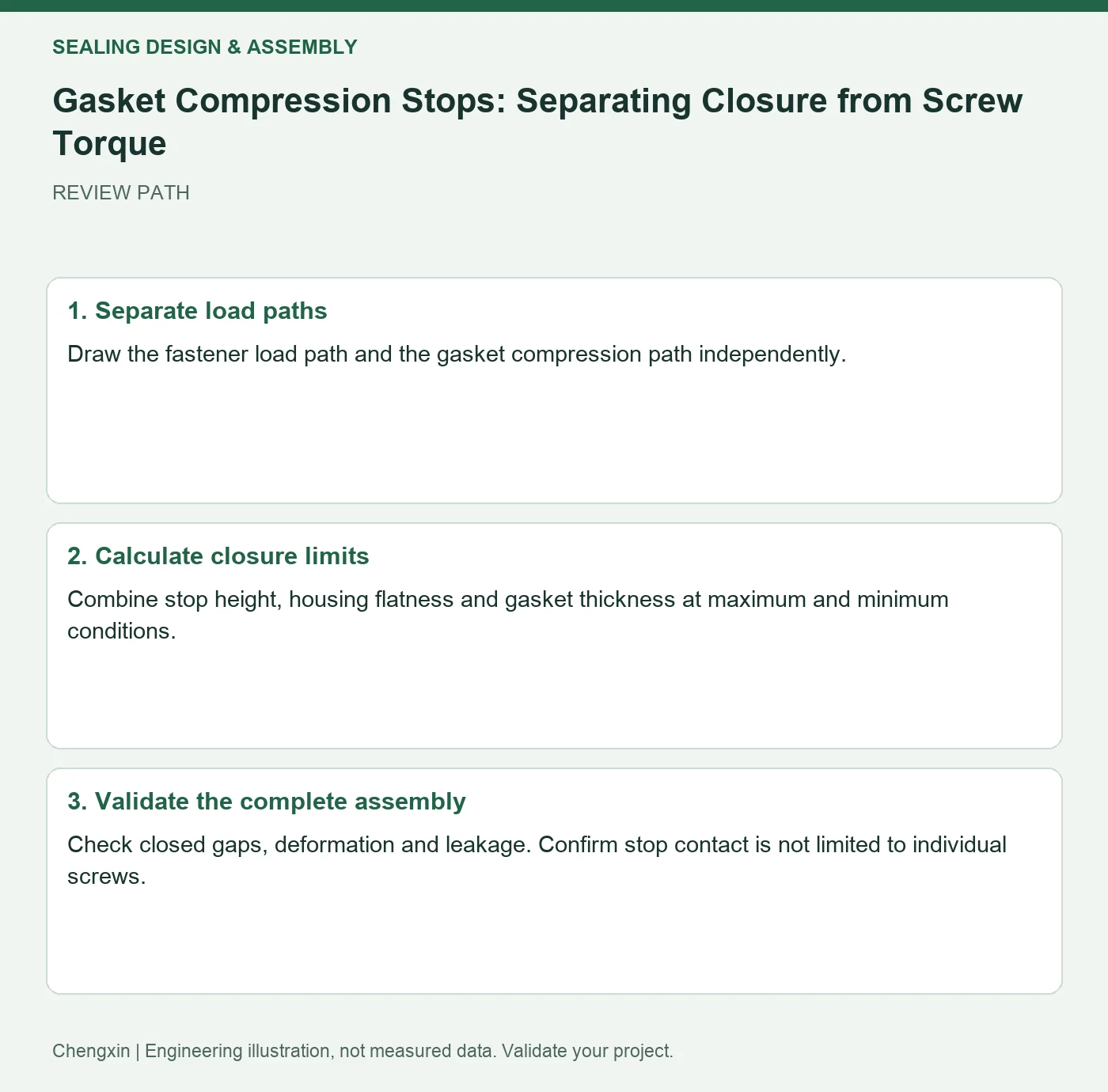 Gasket Compression Stops: Separating Closure from Screw Torque — three-step review diagram