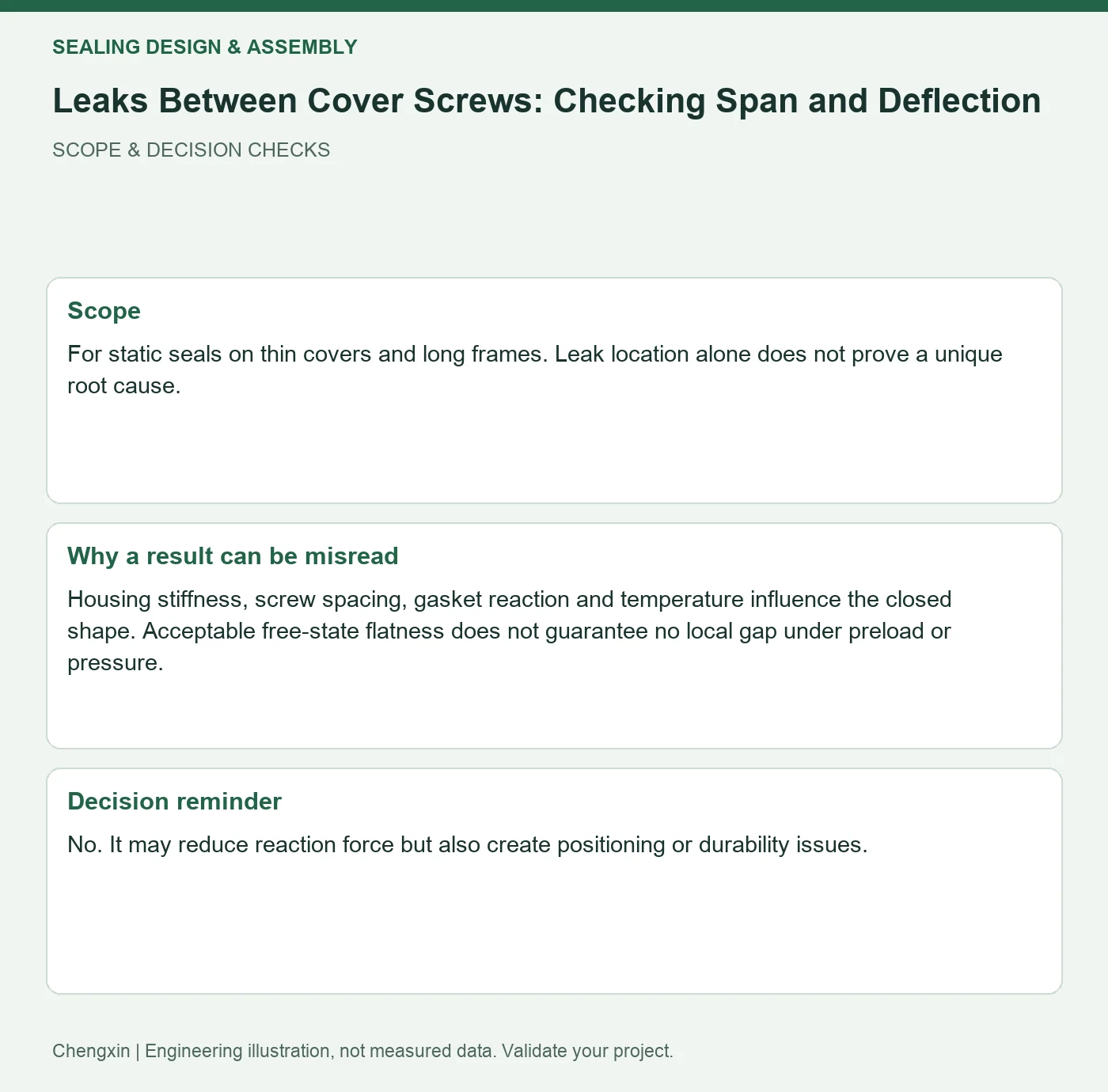 Leaks Between Cover Screws: Checking Span and Deflection — scope and decision reminders
