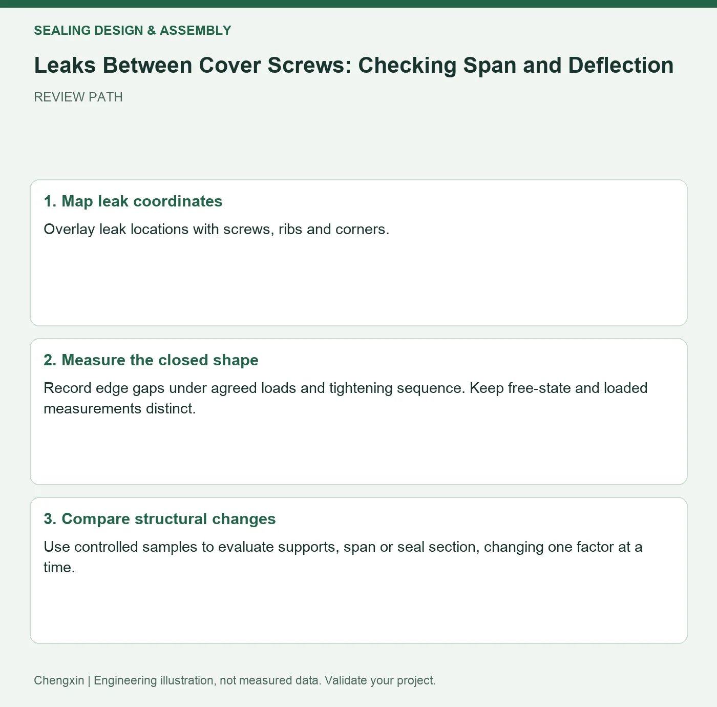 Leaks Between Cover Screws: Checking Span and Deflection — three-step review diagram