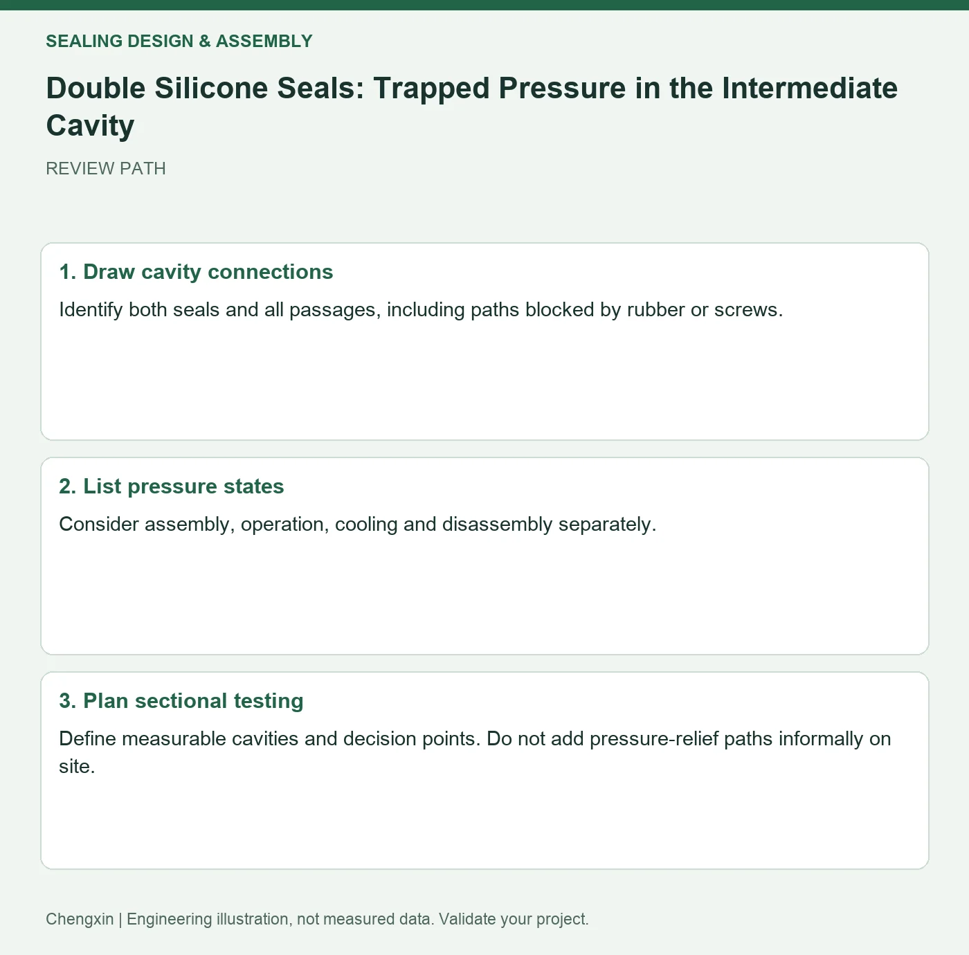 Double Silicone Seals: Trapped Pressure in the Intermediate Cavity — three-step review diagram