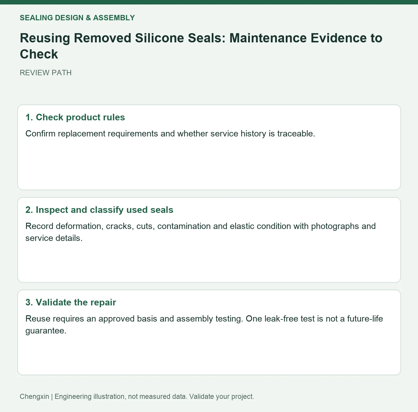 Reusing Removed Silicone Seals: Maintenance Evidence to Check — three-step review diagram