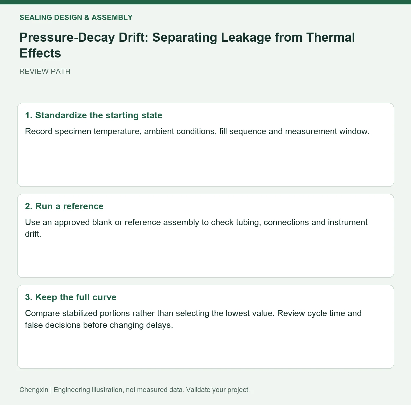 Pressure-Decay Drift: Separating Leakage from Thermal Effects — three-step review diagram