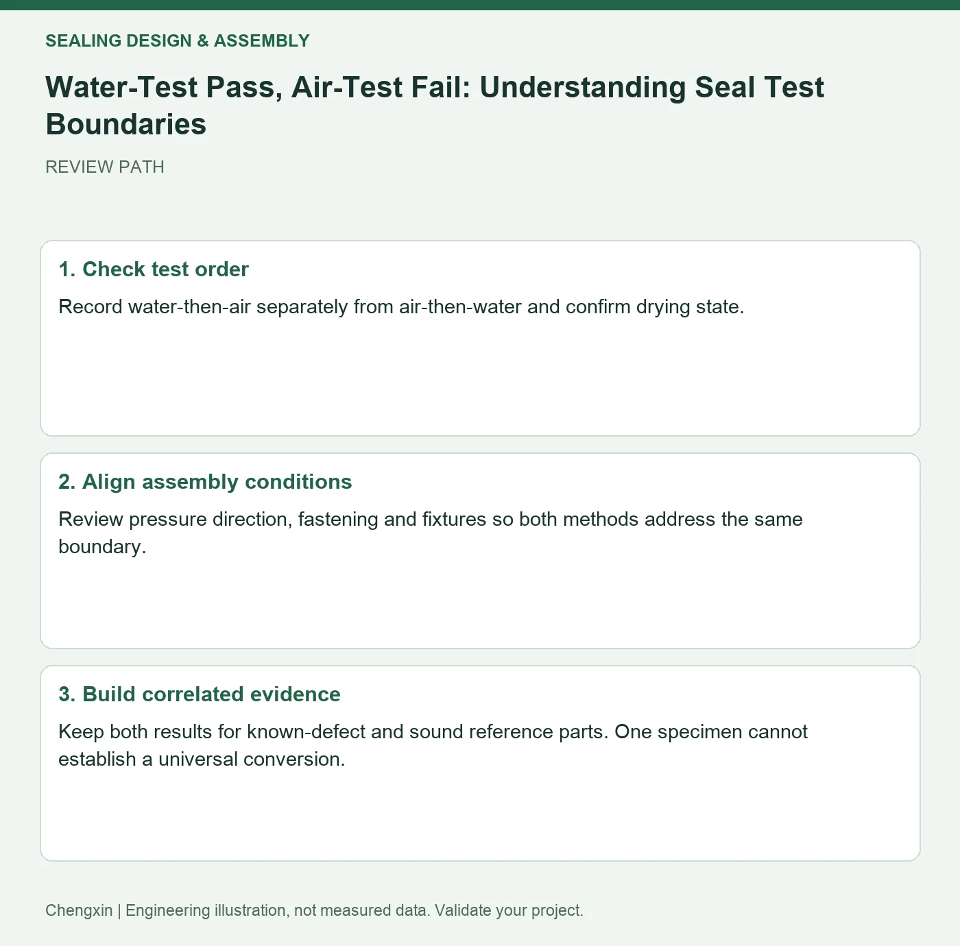 Water-Test Pass, Air-Test Fail: Understanding Seal Test Boundaries — three-step review diagram