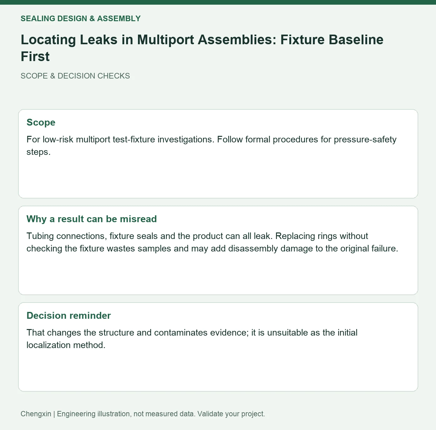 Locating Leaks in Multiport Assemblies: Fixture Baseline First — scope and decision reminders
